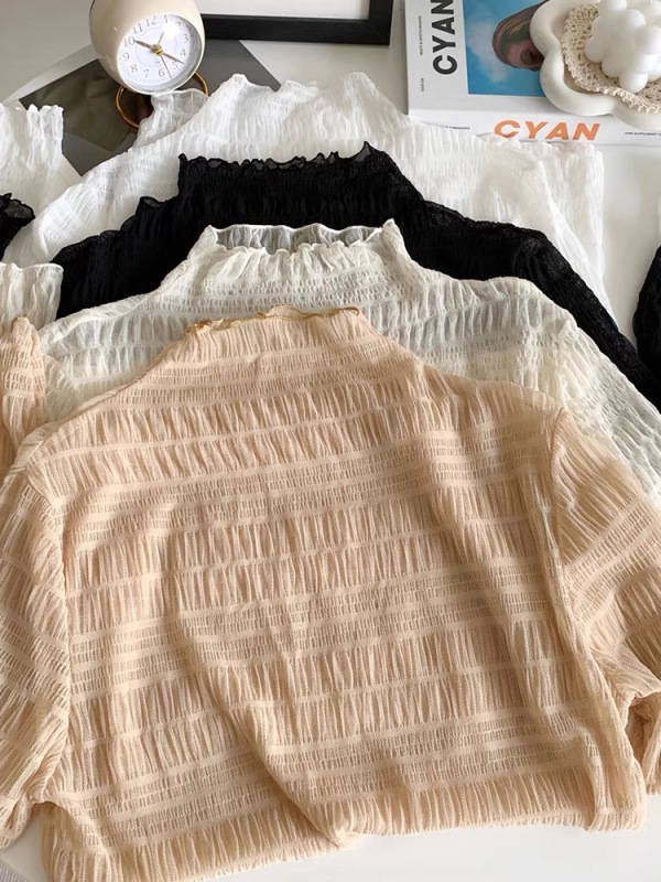 Half-turtle collar long-sleeved lace bottoming shirt for women autumn and winter high-end layering with mesh top white top 2023 new style