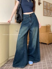 American retro dark wide-leg jeans for women new high-waisted loose straight-leg floor-length trousers