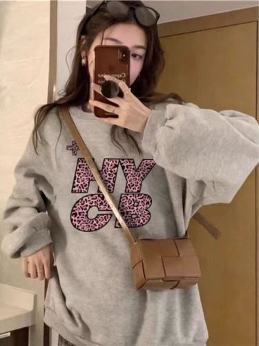 High quality cotton-containing Chinese cotton composite CVC rib round neck printed sweatshirt for women couple regular plus velvet