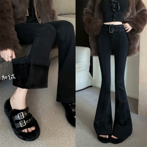 Japanese buckle belt plus velvet thickened autumn and winter high waist slim micro-flared straight floor-length trousers
