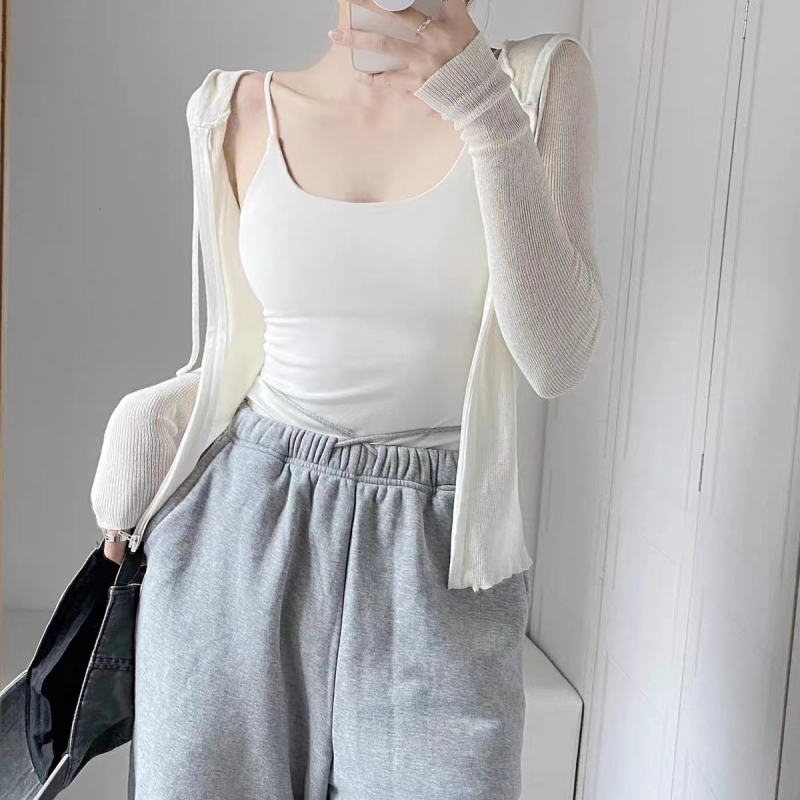 Pure desire white camisole for women in autumn and winter, belly-covering bottoming top, thin outer wear, with chest pad, pure cotton