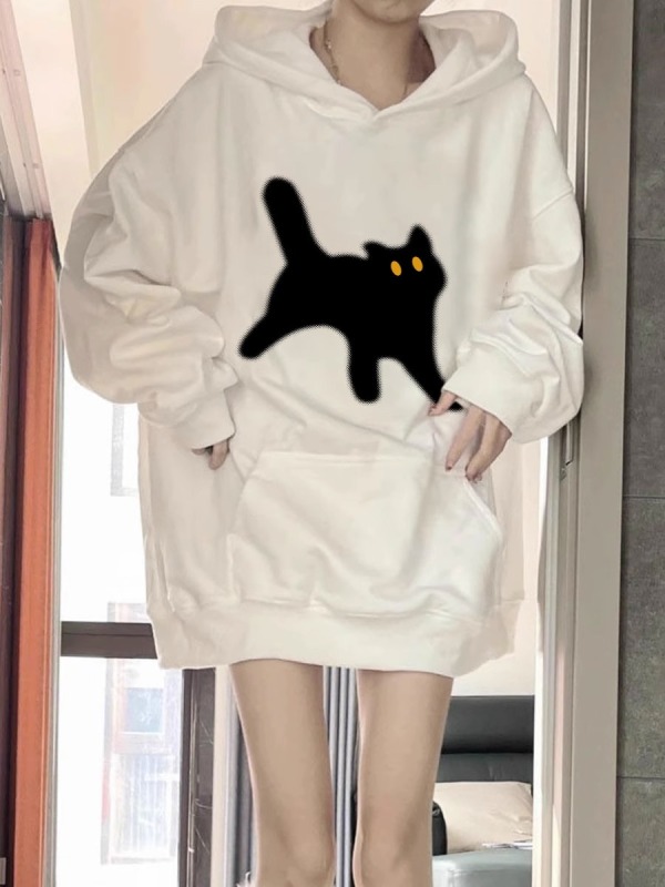 American retro white hooded pullover sweatshirt for women in autumn loose lazy style oversize simple kitten top