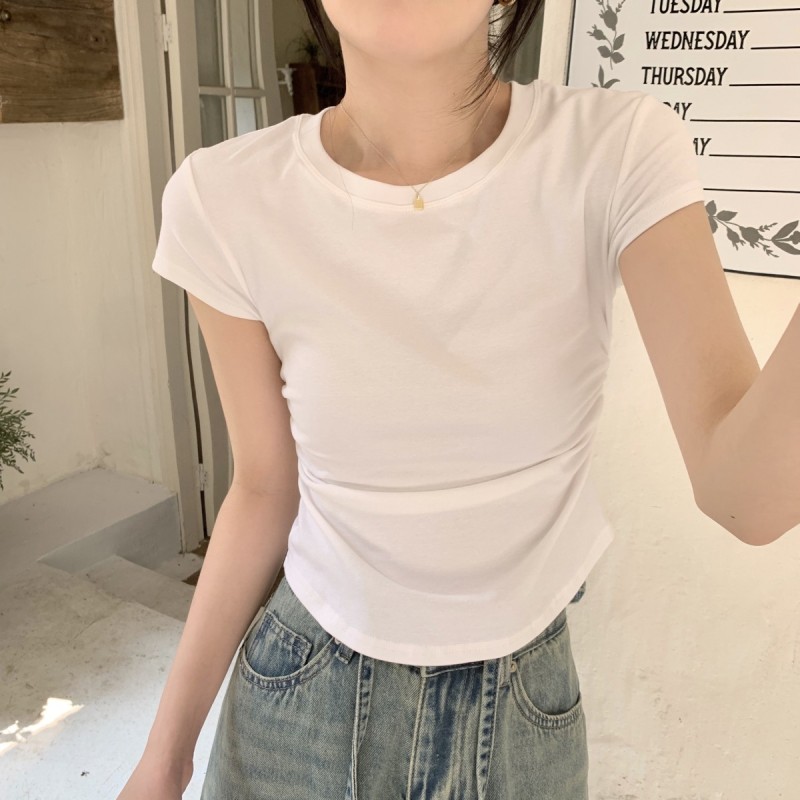 Actual shot and real price. Spring and summer Korean style slim round neck pleated design right shoulder pure cotton short-sleeved women's T-shirt top