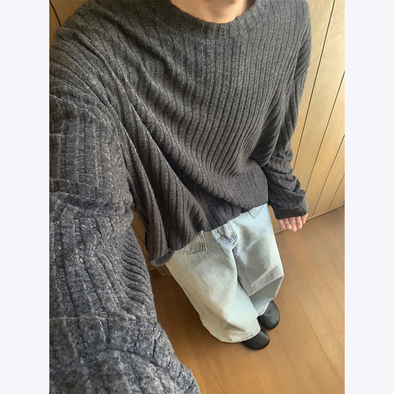 Brushed vertical stripes lazy autumn pullover sweatshirt men's loose long-sleeved T-shirt jacket