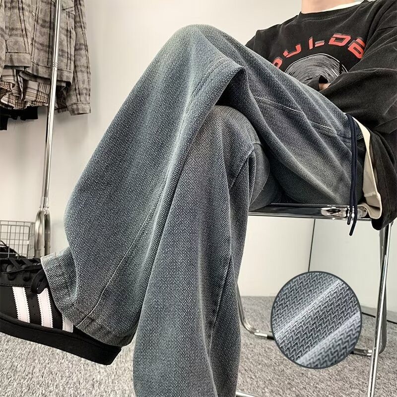 Drapey dark blue distressed jeans for men straight-leg loose American wide-leg floor-length pants for men ins