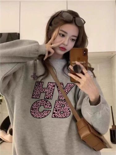 High quality cotton-containing Chinese cotton composite CVC rib round neck printed sweatshirt for women couple regular plus velvet