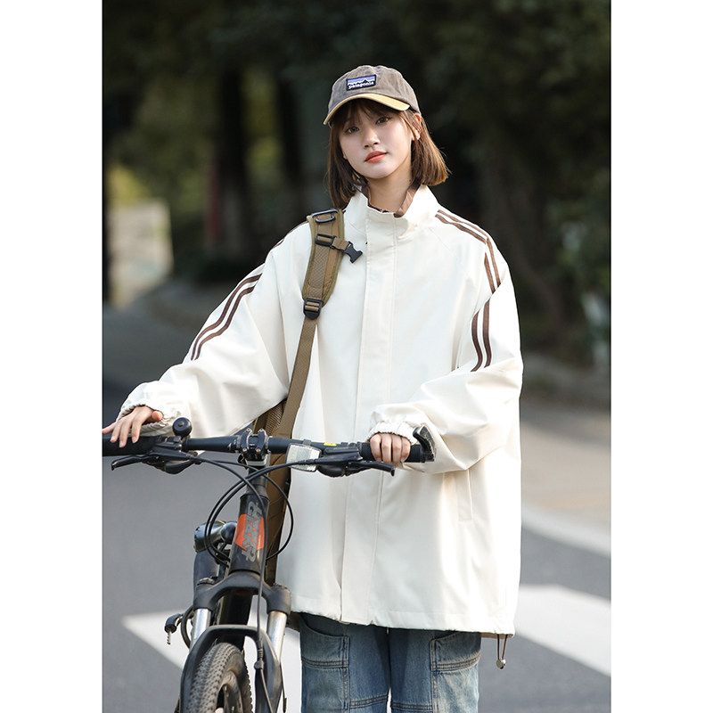Neutral style stand collar striped raglan sleeve solid color jacket