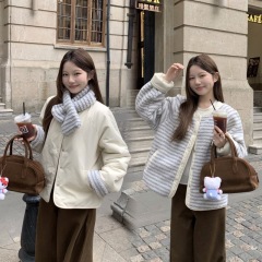 Real shot!  Reversible striped contrasting color lamb wool cotton jacket for women, Korean style warm top with scarf#