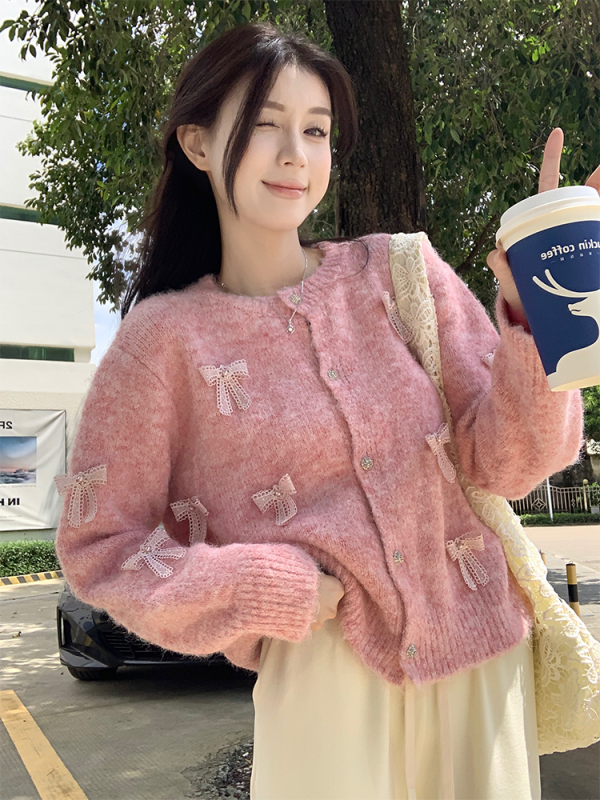 Vitality girl Korean chic simple three-dimensional bow multi-color sweater cardigan