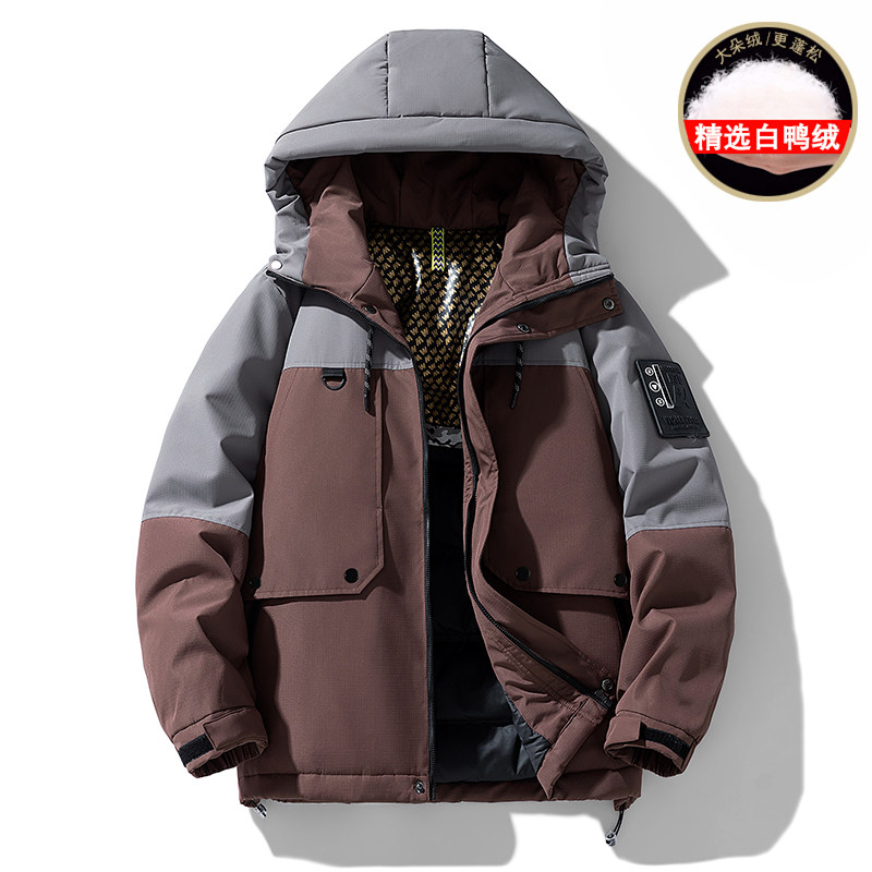 New national standard 90 white duck down hooded down jacket, fashionable, casual, versatile workwear patchwork jacket