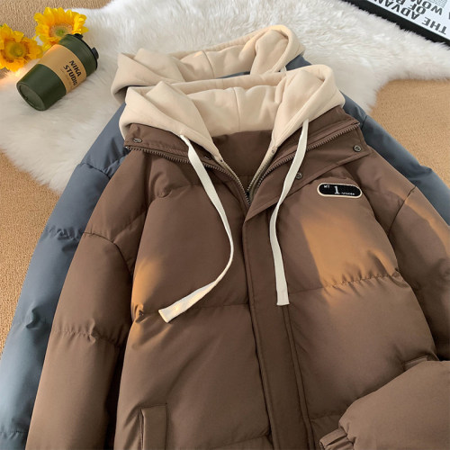 The two-piece three-proof thickened fake two-piece spliced ​​hooded cotton coat winter cotton coat