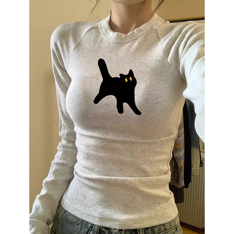 Pure cotton 210g 40 count Odell 92 cotton 8 spandex front printed slim long sleeve raglan sleeve bottoming shirt for women