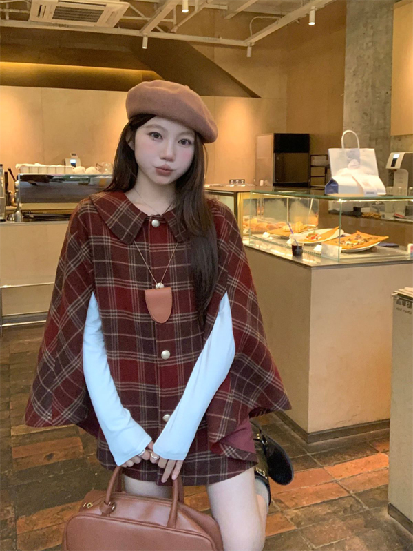 Vitality Girl Korean Chic Autumn and Winter Retro Red Plaid Cloak Warm Woolen Jacket