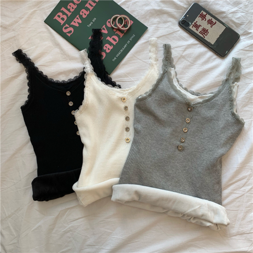 Vest women's autumn and winter inner layer with velvet and thickened lace knitted bottoming shirt sleeveless top ins trend