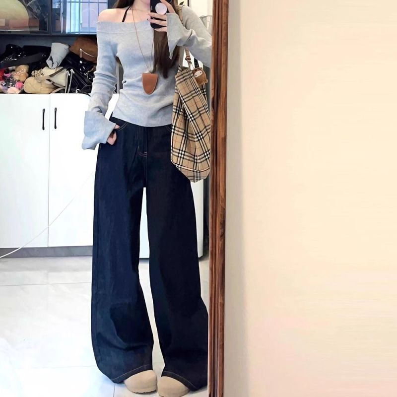 Small American retro wide-leg jeans for women in autumn and winter, high-waisted, loose, slim, and versatile straight-leg floor-length trousers