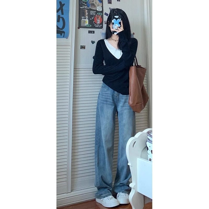High waist drapey wide leg jeans 2024 women's spring and autumn new style retro fashion straight pants loose casual pants