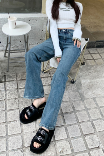 Actual shot of  spring new straight-leg jeans for women, high-waisted fashionable straight-leg loose wide-leg floor-length pants