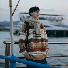 Round neck striped sweater for men in winter warm Japanese style retro trendy brand loose thick line knitted bottoming shirt