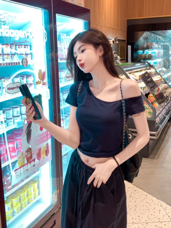 Real price and real shot Hot girl's sloping shoulder short-sleeved slim T-shirt crop top + wide-leg pants loose casual pants long pants
