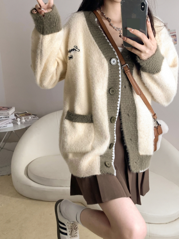 Imitation mink #Autumn and winter loose and lazy college style contrasting v-neck mohair sweater jacket for women soft waxy mink velvet knitted