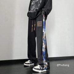 Loose casual pants with pineapple plaid fabric and national fashion bear print stitching