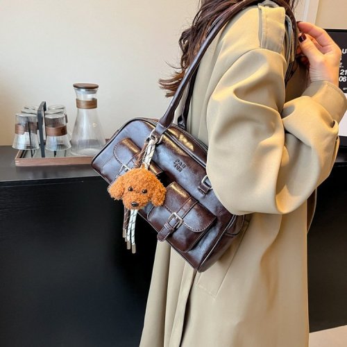 Simple retro portable bowling bag for women 2024 new fashion Korean style armpit bag large capacity commuter bag