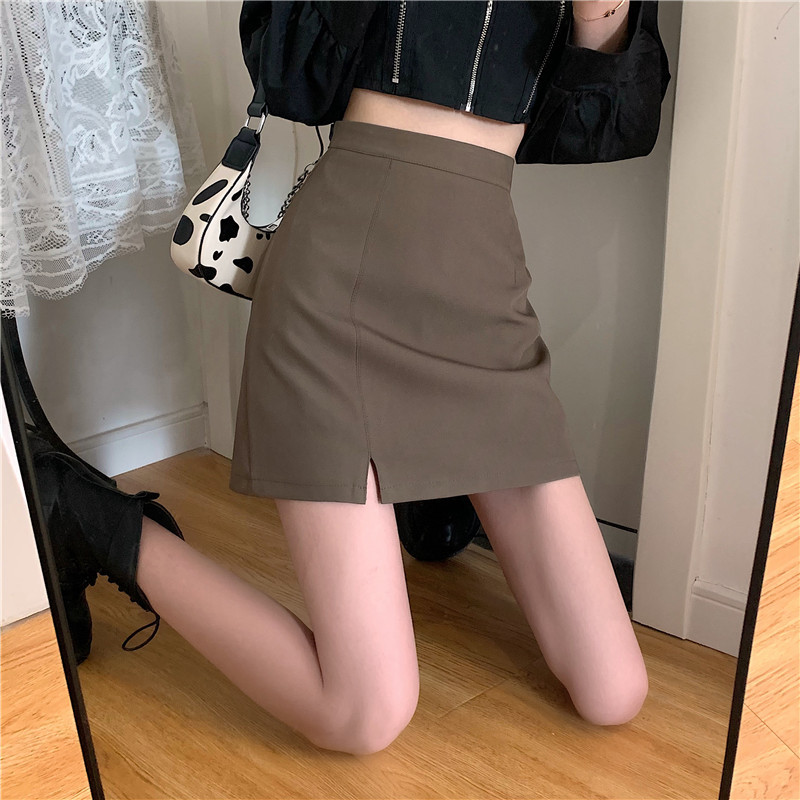 Fat girl plus size real shot real price Korean style high waist slim suit fabric irregular slit A-line skirt short skirt