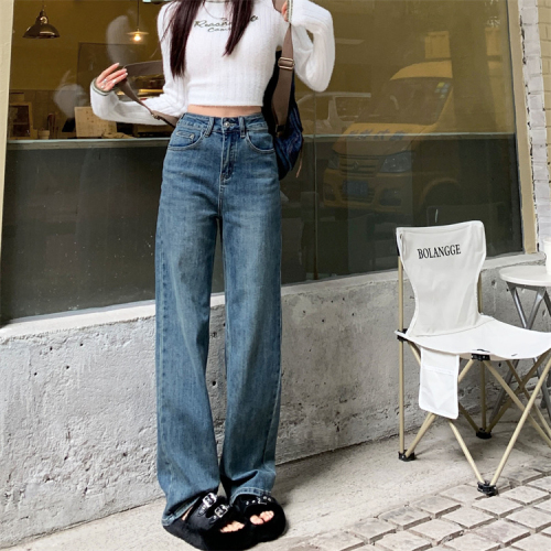 Actual shot of  spring new straight-leg jeans for women, high-waisted fashionable straight-leg loose wide-leg floor-length pants