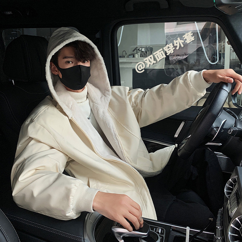 Reversible Hong Kong style hooded winter loose velvet hooded cotton coat for men