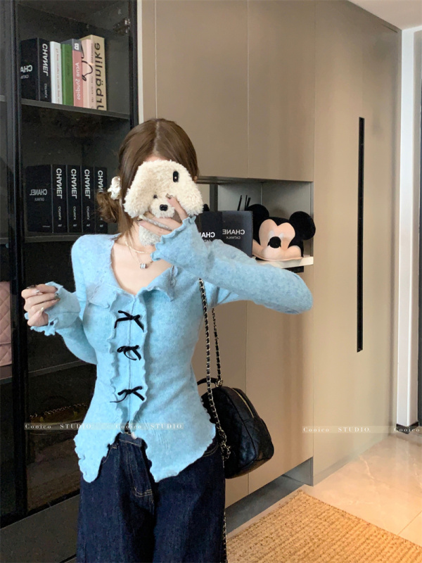 Winter pure lust sweet hottie V-neck bow slimming wool sweater for women