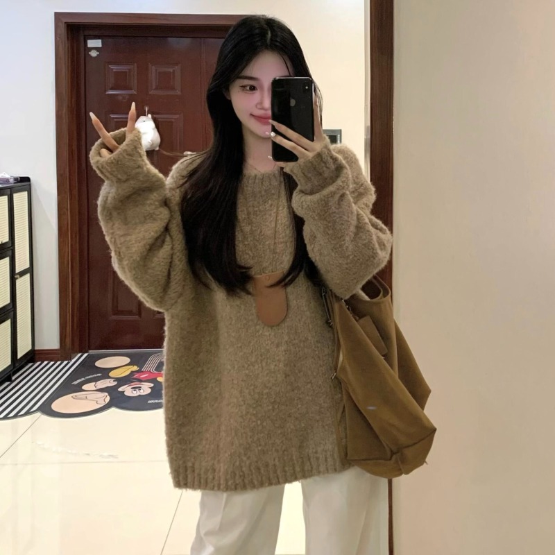 Late autumn and early winter Maillard wears round neck pullover soft waxy sweater for women in autumn and winter thickened lazy style knitted top