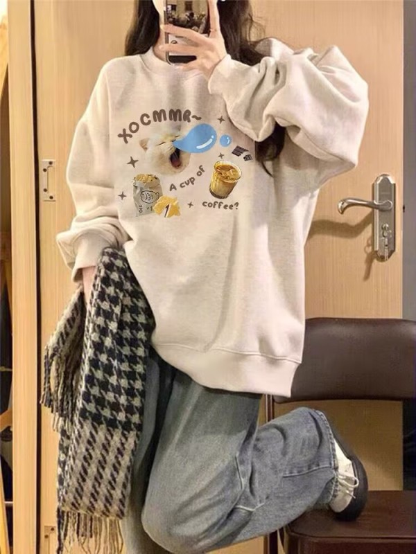 Autumn and winter thin velvet loose version retro round neck sweatshirt for women
