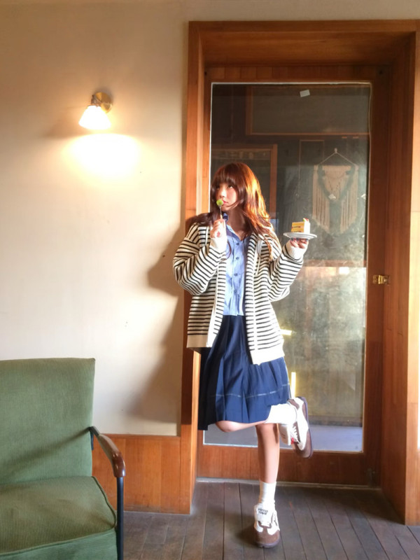 Drawstring hooded striped knitted cardigan sweater Korean style loose versatile top jacket