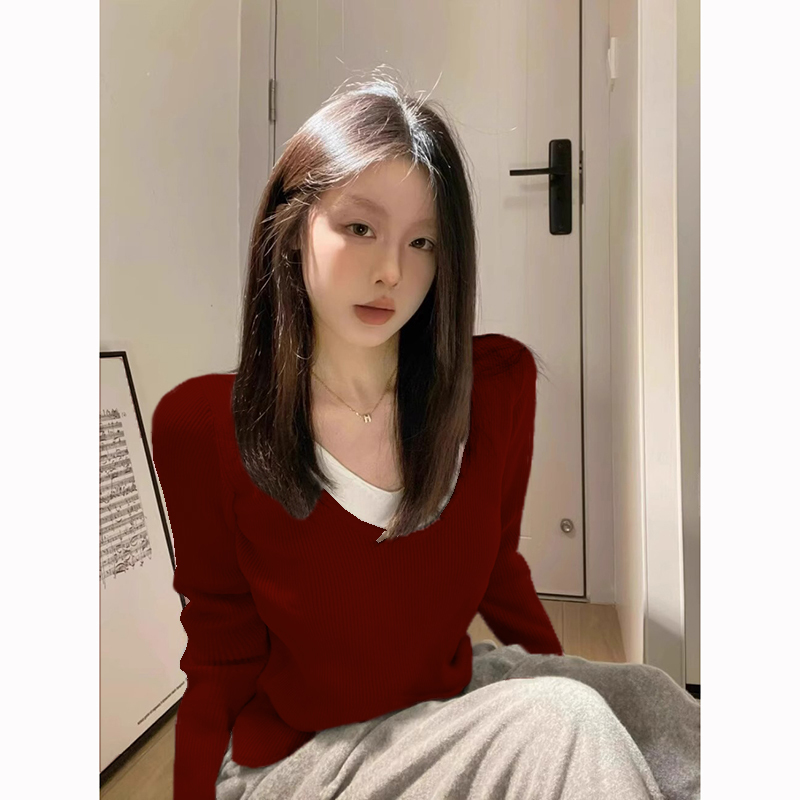 V-neck long-sleeved sweater for women spring thin inner layering shirt early spring sweater knitted top