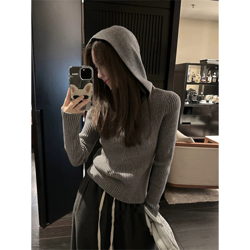 Ready stock~Autumn lazy style sweater sweater short bottoming hooded woolen top