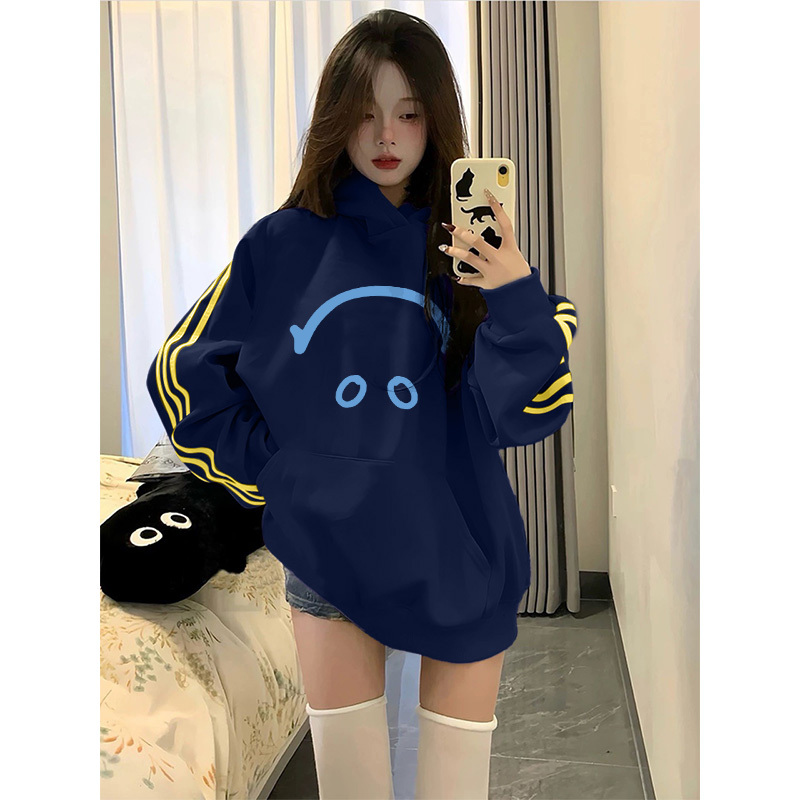 Pasta wool and cotton composite/milk silk 300g silver fox velvet 400g front printed three-stripe hooded sweatshirt for women