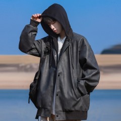 Autumn new hooded fake two-piece PU waterproof leather jacket, light version, second version