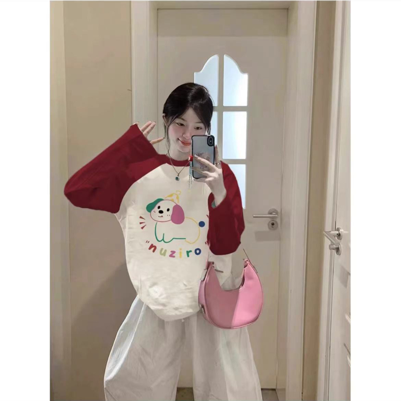 High quality pure cotton 200g 21 count combed precision printed autumn color matching long sleeve T-shirt for women