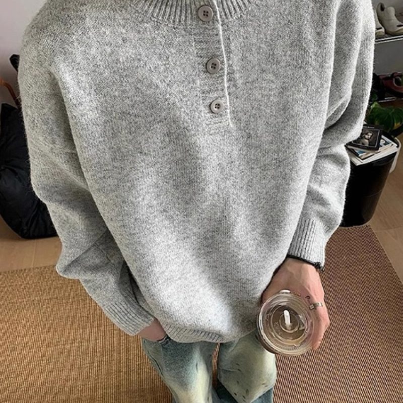 Gray henley collar sweater men's winter lazy style bottoming sweater cleanfit jacket