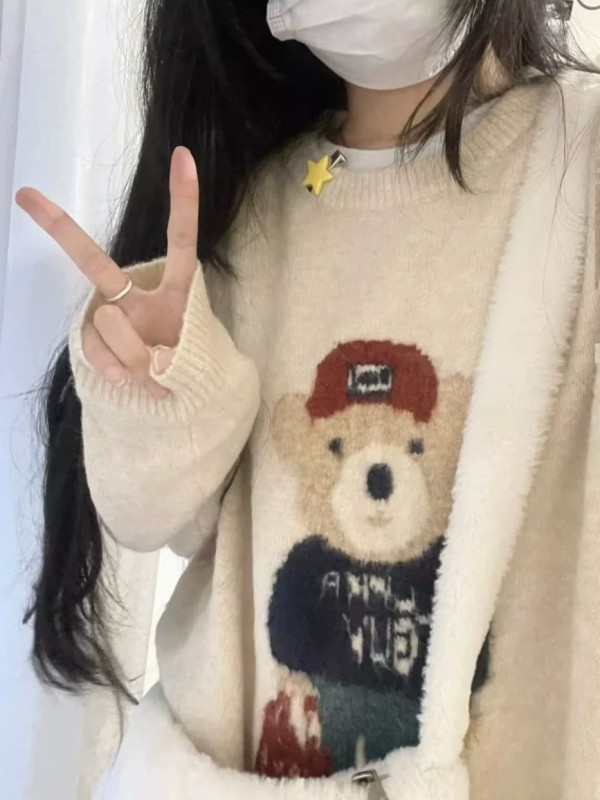 Thick version!  Lazy style cartoon bear pullover sweater for women autumn and winter loose student long-sleeved sweater top fashion