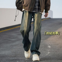 Retro blue straight jeans for men, new autumn and winter velvet trendy American style pants, loose wide-leg casual pants