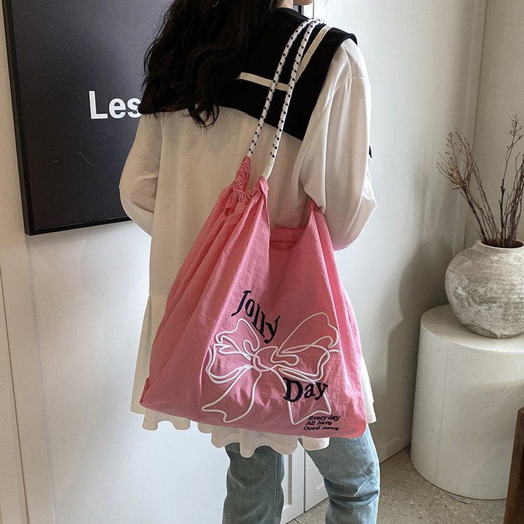 ins Korean style summer bow large capacity shoulder bag women's versatile drawstring tote bag embroidered shopping bag
