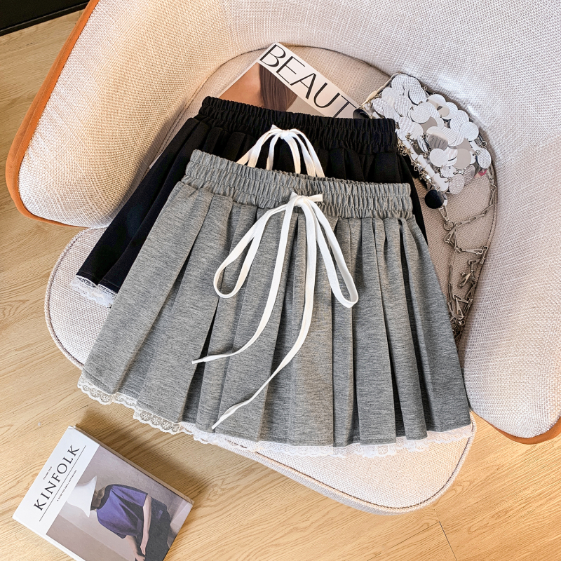 Ballet girl style lace patchwork gray blouse pleated pants skirt