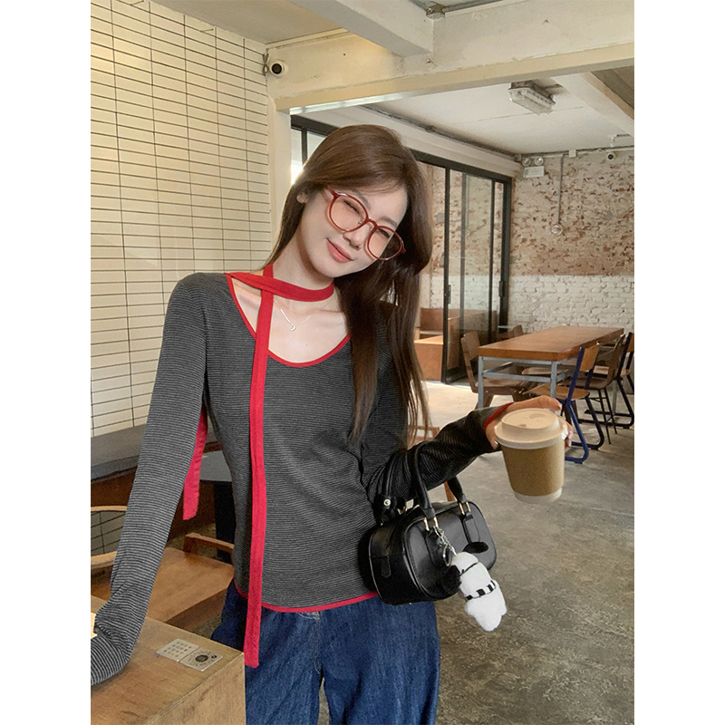 Real shot and real price hot girl style striped contrasting color streamer scarf long-sleeved T-shirt for women in autumn versatile slim fit top