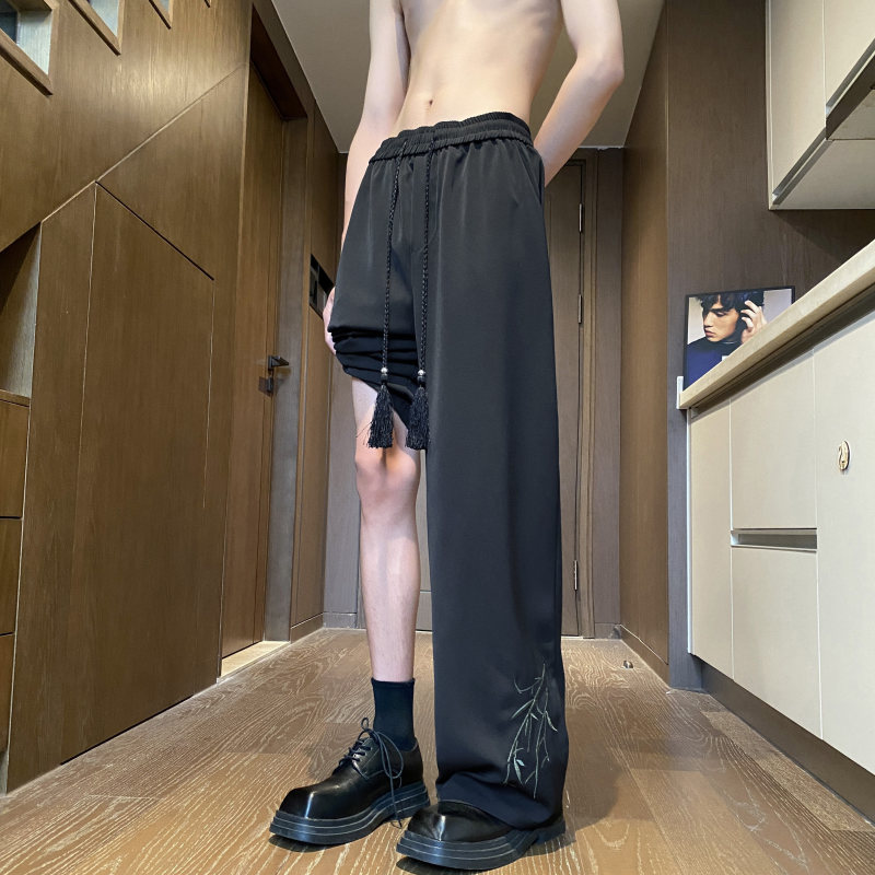 Summer new style new Chinese embroidered ice silk loose casual trousers