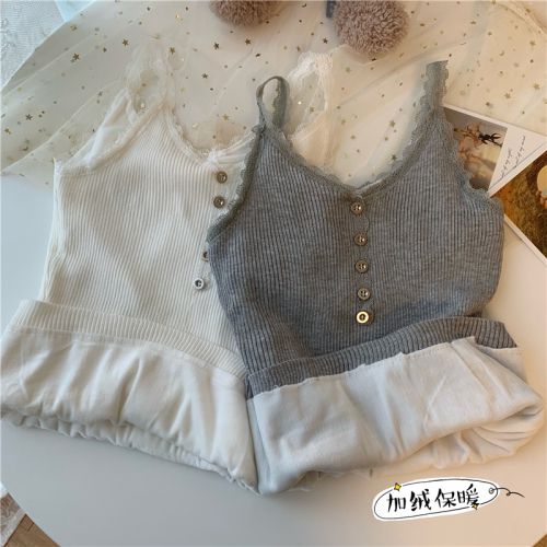 Vest women's autumn and winter inner layer with velvet and thickened lace knitted bottoming shirt sleeveless top ins trend