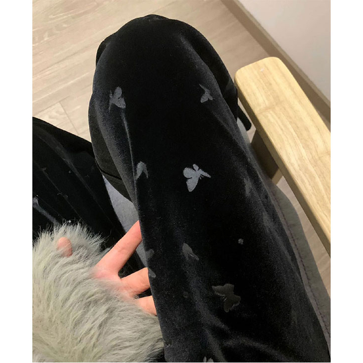 Butterfly print black pants women's autumn and winter new style velvet thickened American high street loose straight