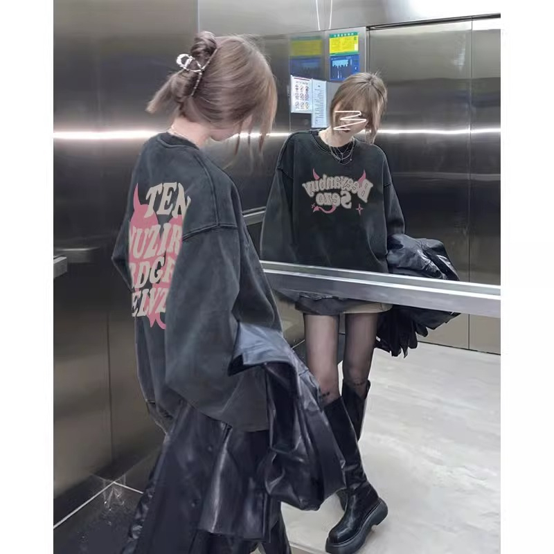 New autumn and winter thickened pure cotton composite milk silk 330g washed black distressed round neck sweatshirt