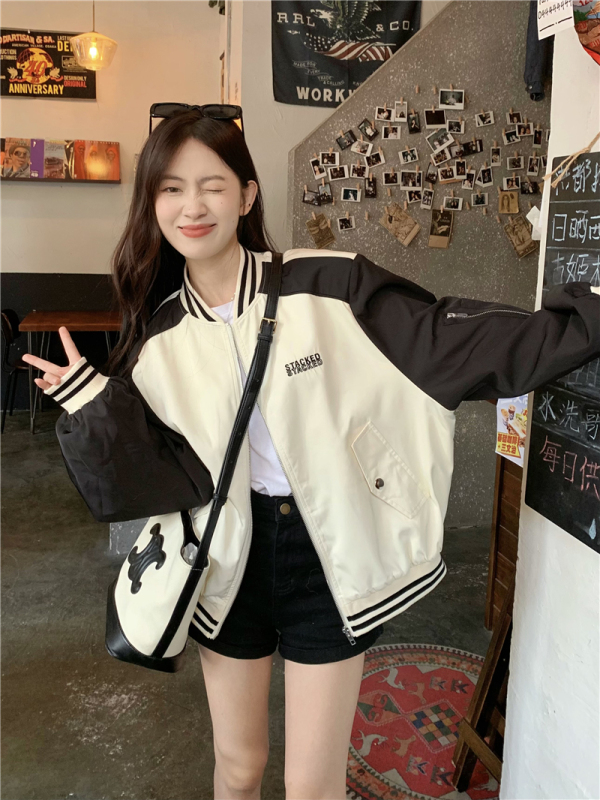 Fashionable letter embroidered patchwork baseball uniform loose stand collar jacket for women