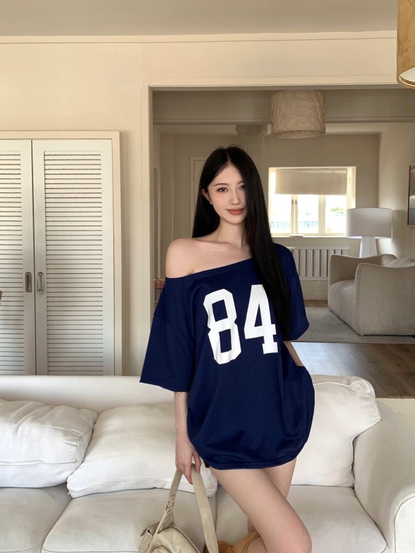 Real shot and real price American style off-shoulder off-shoulder short-sleeved T-shirt for women summer hot girl loose lazy style top